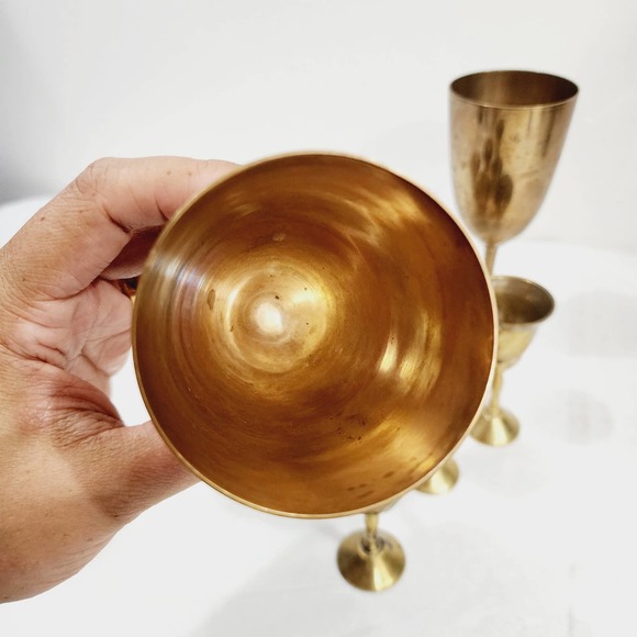 Vintage Mid-Century Modern Brass Standard & Mini Wine Goblets Stem Made in india - Picture 9 of 16